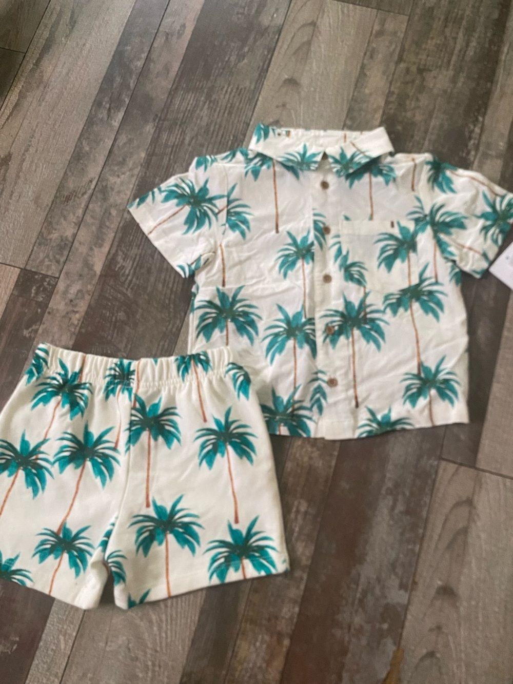 Cream Palm-Print Kids Set with Teal Palm Trees